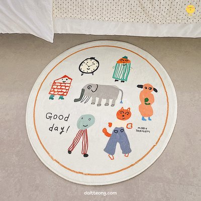 달떵 귀여운 달떵 귀여운 굿데이애니멀 원형 러그 침대 카페트 멀티화이트, 100x100cm