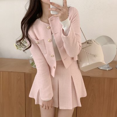 미뉴엣 노카라 트위드 자켓 스커트 셋업 투피스 st2568