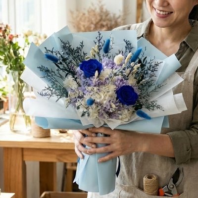 드라이플라워 프리저브드플라워 기념일 여자친구 졸업식 꽃다발 선물 파랑장미수국미니에센셜