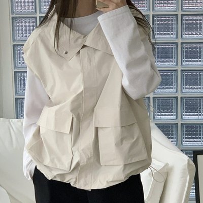 여자 봄 간절기 건빵 포켓 카라 조끼 스트링 점퍼