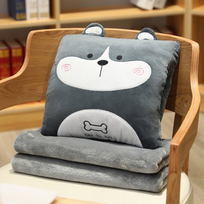 쿠션담요 극세사 차량용 무릎 담요 차량 기내용 여행용 쿠션 다크그레이 강아지