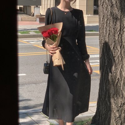 퍼프 스트랩 플레어 롱 원피스 결혼식 하객룩 op16183