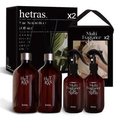 [기획세트]헤트라스 프리미엄 대용량 디퓨저 500ml 2개 + 멀티스프레이 섬유탈취제 300ml 2개 선물세트