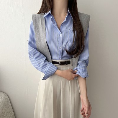 렌토 숄 SET 세미 크롭 루즈핏 스트라이프 셔츠