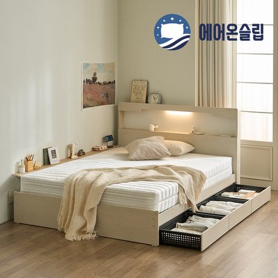에어온슬립 E0 엘루인LED서랍침대 프레임+와이드선반 슈퍼싱글 SS 라이트오크