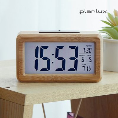 플랜룩스 LED 백라이트 우드 디지털 전자 탁상시계 무소음 건전지 알람시계