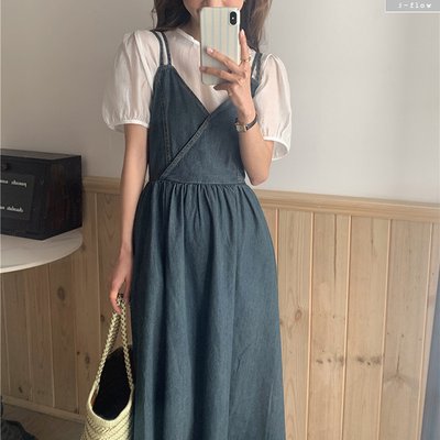 카프리 데님 브이넥 뷔스티에 스모크밴딩 롱원피스 (진청) 봄 여름 레이어드 제이플로우