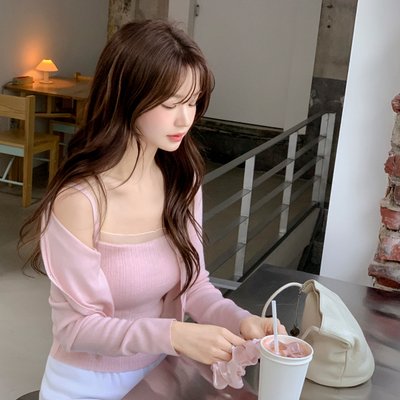 [울함유] 골지 셔링 캡나시 크롭 긴팔 가디건 세트 st3023