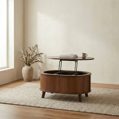 라노스 리프트업테이블 거실 소파테이블 수납 템바보드 타원형 800x600mm, 딥브라운