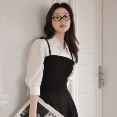 [자체제작] (MADE) 배색 펜던트 뷔스티에 7부 소매 블라우스 bs8593