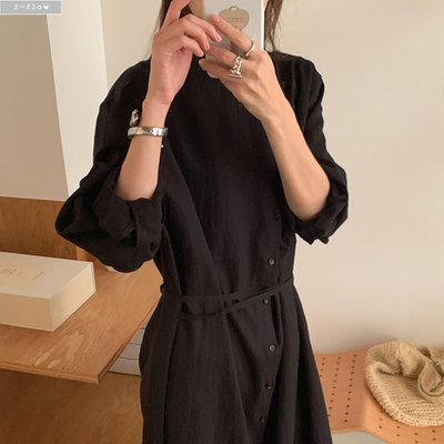 히얼 사선 버튼 루즈핏 맥시 허리끈 롱 원피스 2col 봄 가을 셔츠 코튼 제이플로우