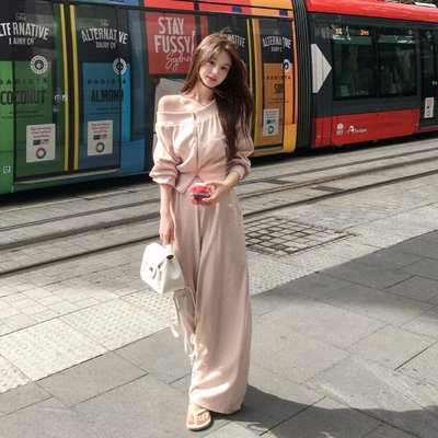 오프숄더 맨투맨 집업 올밴딩 와이드 팬츠 세트 st3057